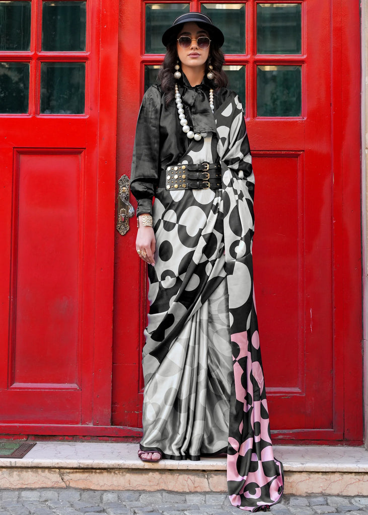Grey And Black Printed Satin Silk Saree