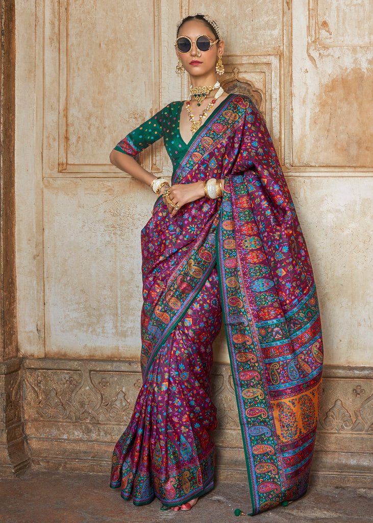 Phlox Purple Printed Kashmiri Jamewar Saree