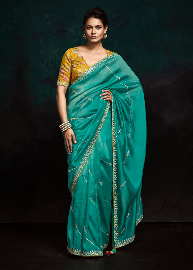 Tropical Green Designer Tissue Silk Saree With Printed Blouse