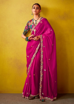 Queen Pink Woven Embroidered Chiffon Saree