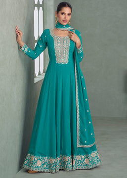 Rama Green Embroidered Anarkali with Dupatta