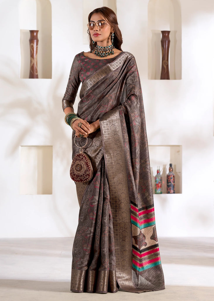 Fossil Grey Banarasi Printed Soft Silk Saree
