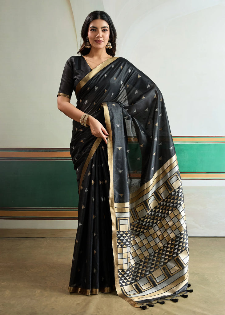 Phantom Black Woven Tussar Silk Saree