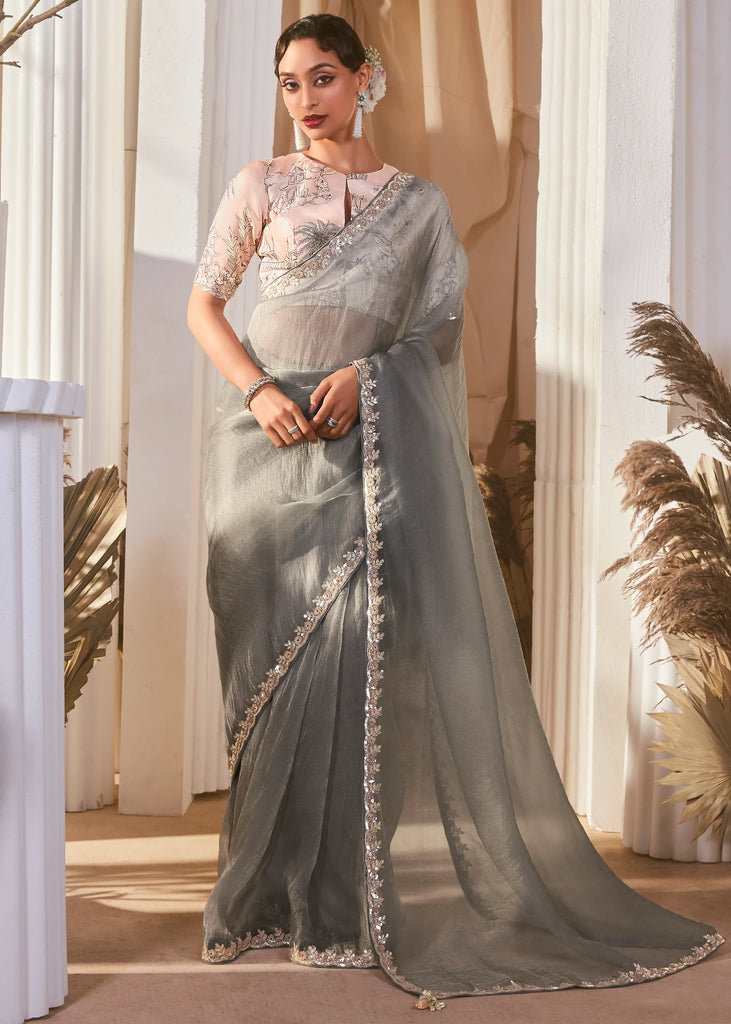 Pre Order: Powder Grey Designer Silk Saree