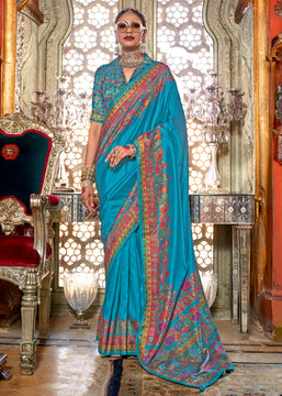 Azure Blue Printed Kashmiri Jamewar Saree