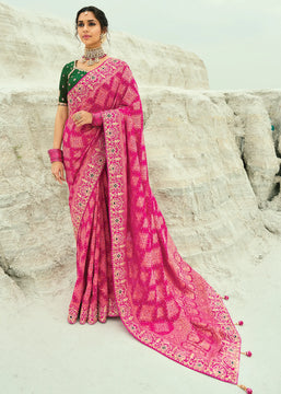 Hot Pink Woven Georgette Bandhej Designer Saree