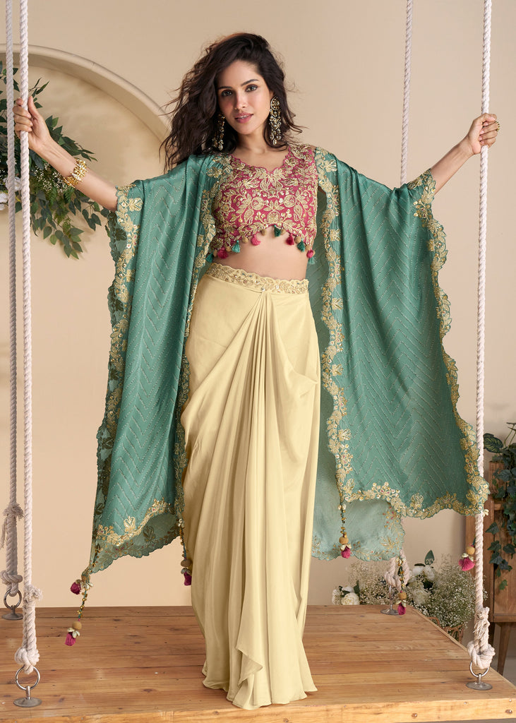 Beige And Green Designer Indo Western Set