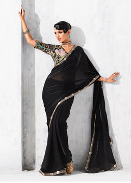 Black Embroidered Designer Silk Saree
