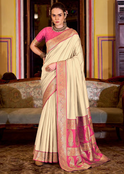 Off White Banarasi Soft Silk Saree