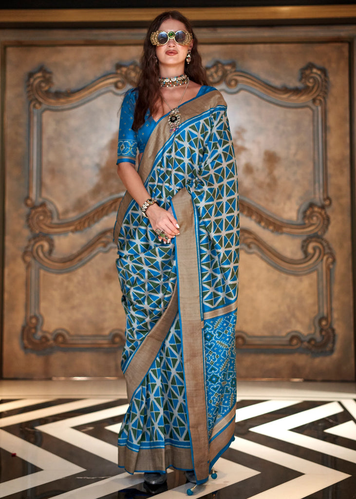 Swedish Blue Printed Patola Silk Saree