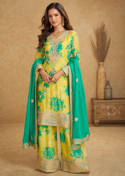 Yellow And Green Embroidered Plazzo Set