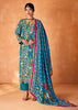 Ceramic Blue Embroidered Suit Set With Floral Print