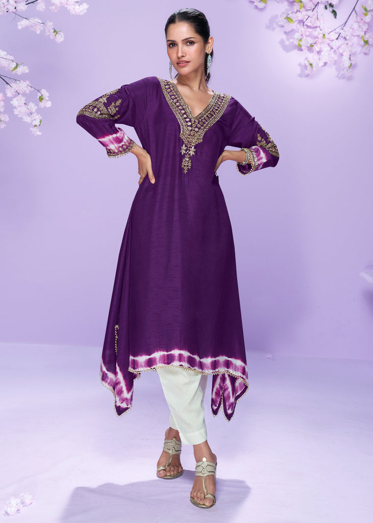 Dark Purple A-Line Embroidered Kurta
