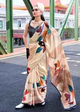 Off white Satin Crepe Printed Silk Saree