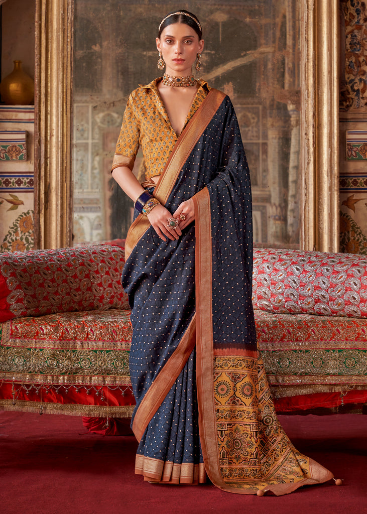 Insignia Blue Light Weight Printed Silk Saree