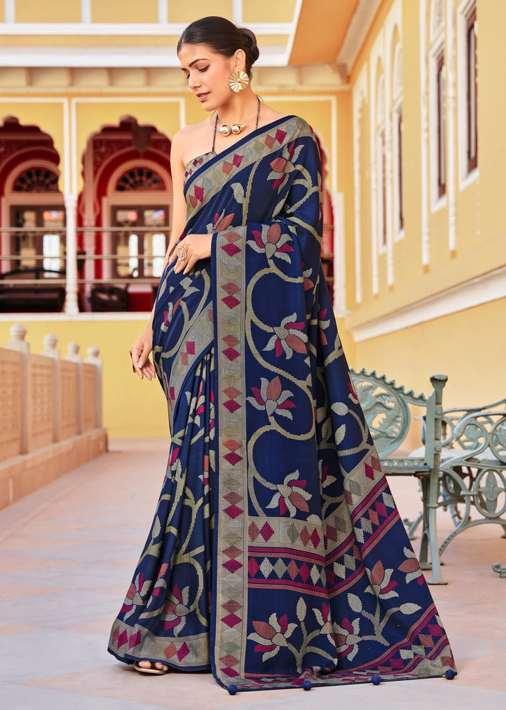 Twilight Blue Floral Printed Soft Silk Saree