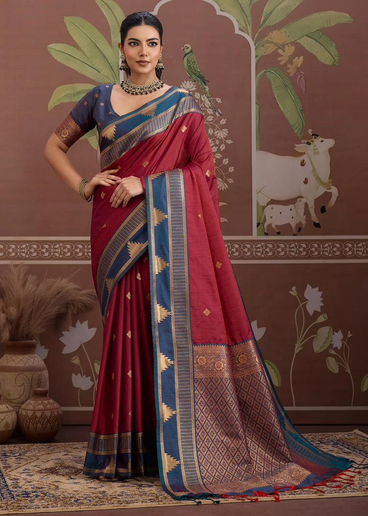 Maroon Red Woven Tussar Silk Saree