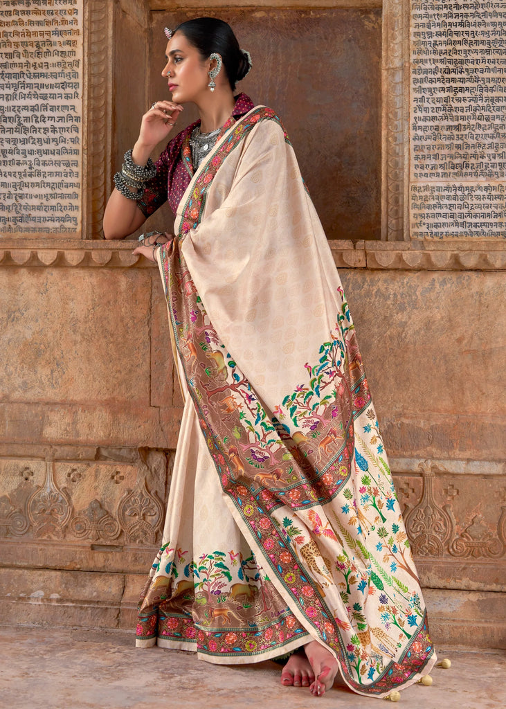 Light Beige Printed Silk Saree