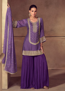 Magic Purple Embroidered Bandhej Sharara Suit Set