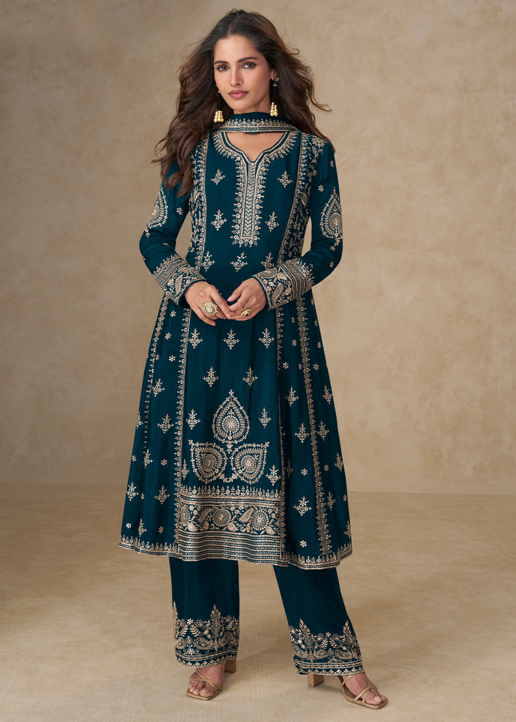 Coral Blue Embroidered Suit Set