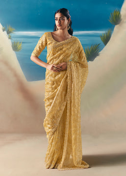 Pastel Yellow Satin Organza Embroidered Saree