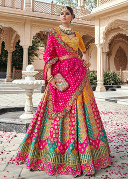 Yellow & Pink Banarasi Silk Embroidered Lehenga