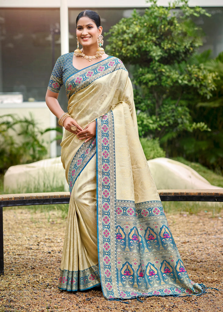 Cream And Blue Woven Banarasi Silk Saree