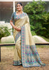 Cream And Blue Woven Banarasi Silk Saree