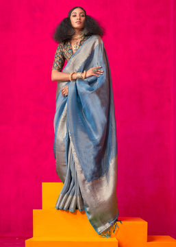 Azure Blue Woven Banarasi Tissue Silk Saree With Contrast Blouse