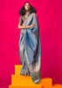 Azure Blue Woven Banarasi Tissue Silk Saree With Contrast Blouse