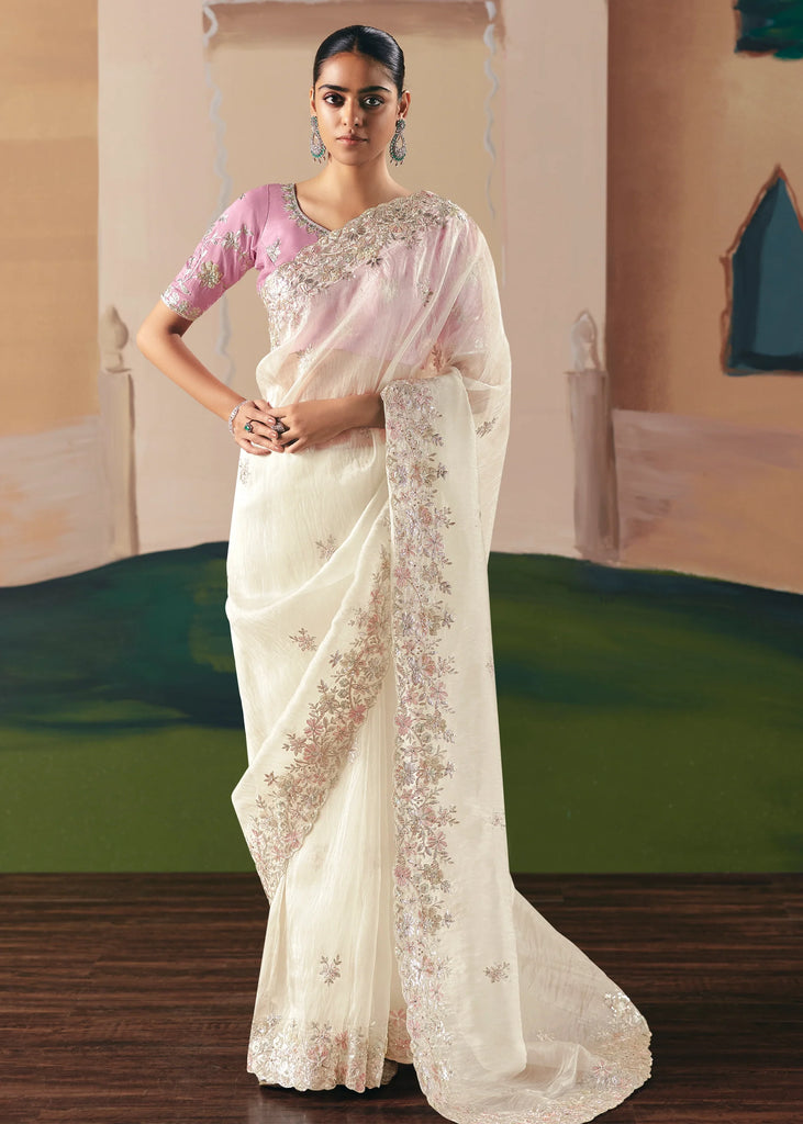 Off White Embroidered Designer Silk Saree