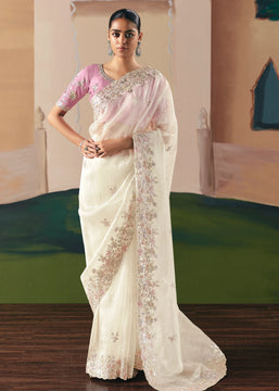 Off White Embroidered Designer Silk Saree