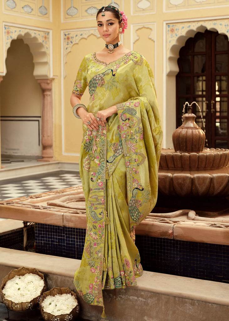 Green Designer Embroidered Silk Saree