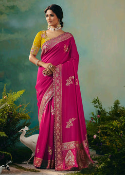 Rani Pink Woven Embroidered Banarasi Silk Saree
