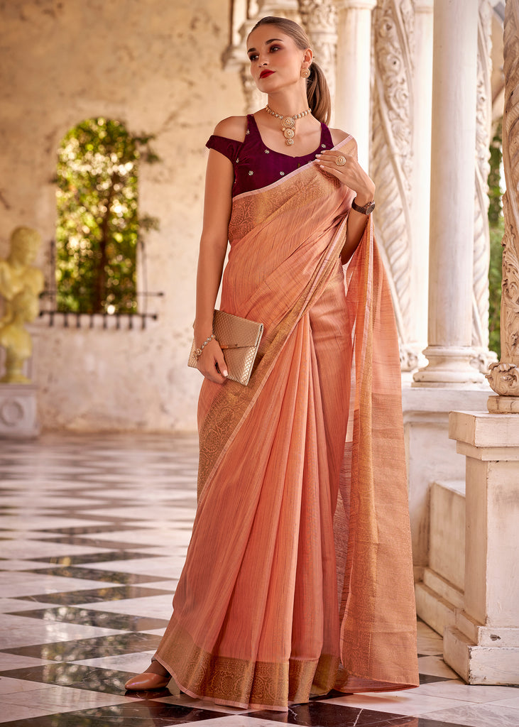 Coral Orange Woven Banarasi Linen Silk Saree with Velvet Blouse