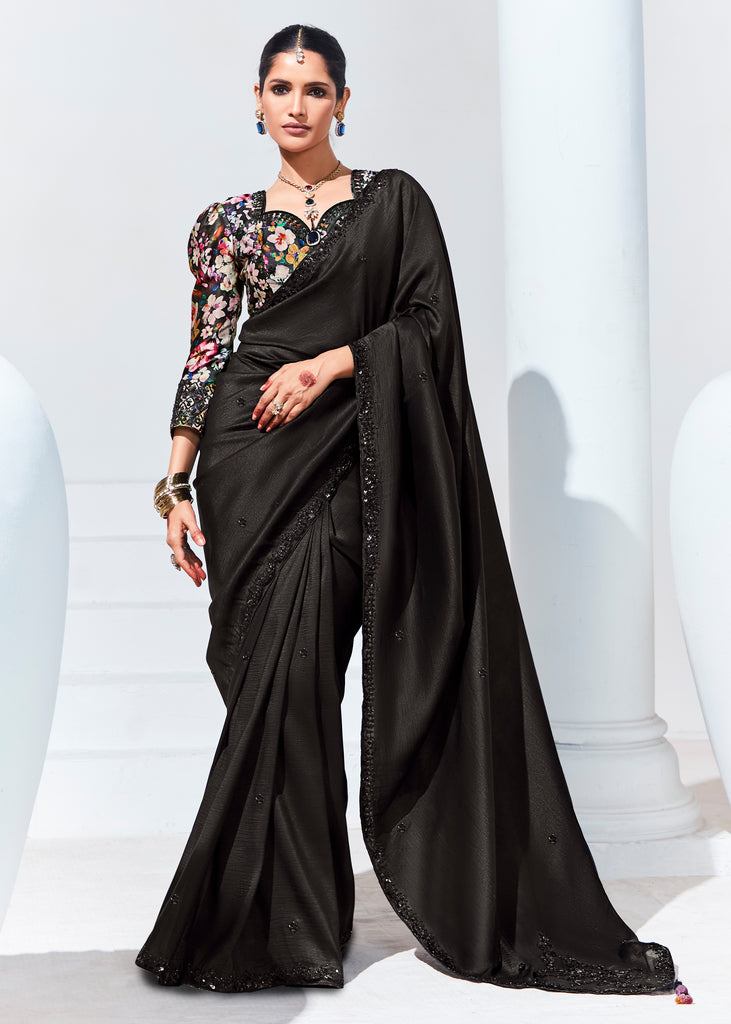 Desire Black Designer Organza Tissue Silk Saree With Printed Blouse