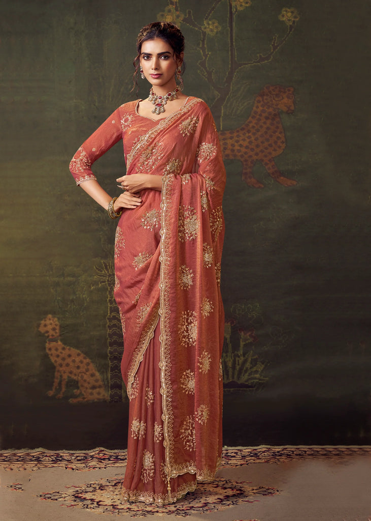 Earth Red Designer Tissue Silk Saree