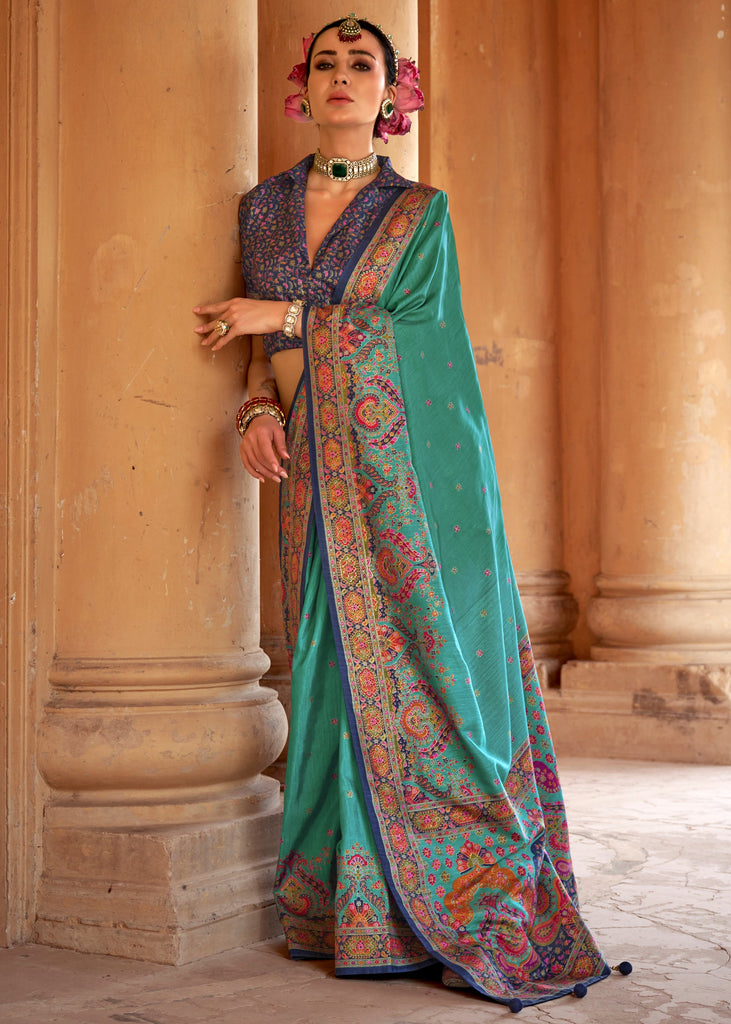 Teal Green Printed Silk Saree With Contrast Blouse