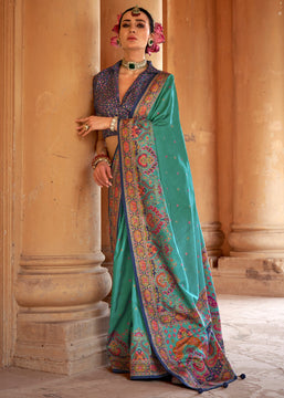 Teal Green Printed Silk Saree With Contrast Blouse