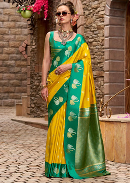 Yellow And Green Banarasi Satin Silk Saree
