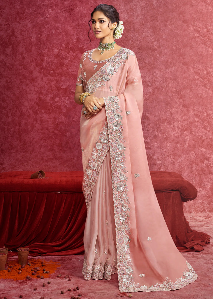 Peach Embroidered Designer Silk Saree