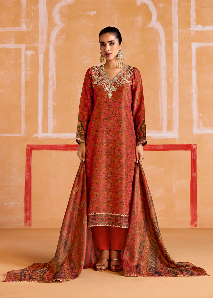 Autumn Red Embroidered Suit Set With Digital Print