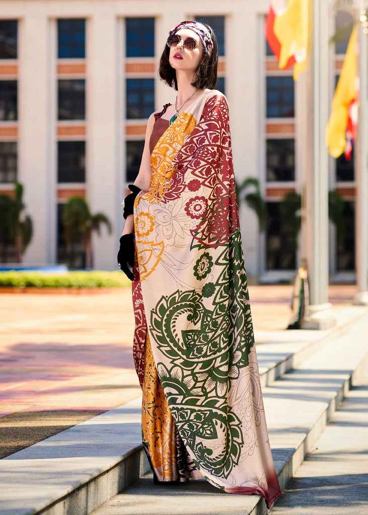 Almond Beige Satin Crepe Printed Silk Saree