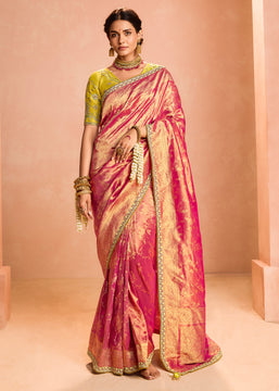 Paradise Pink Woven Banarasi Designer Tissue Silk Saree With Embroidered Blouse