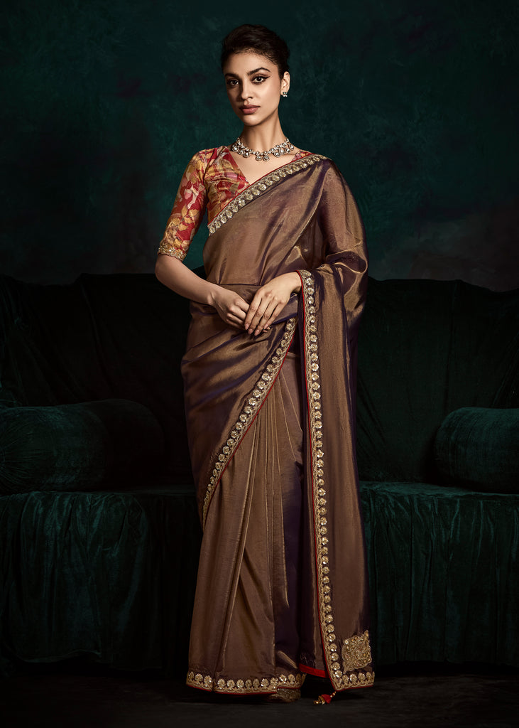 Coffee Brown Designer Tissue Silk Saree With Printed Blouse