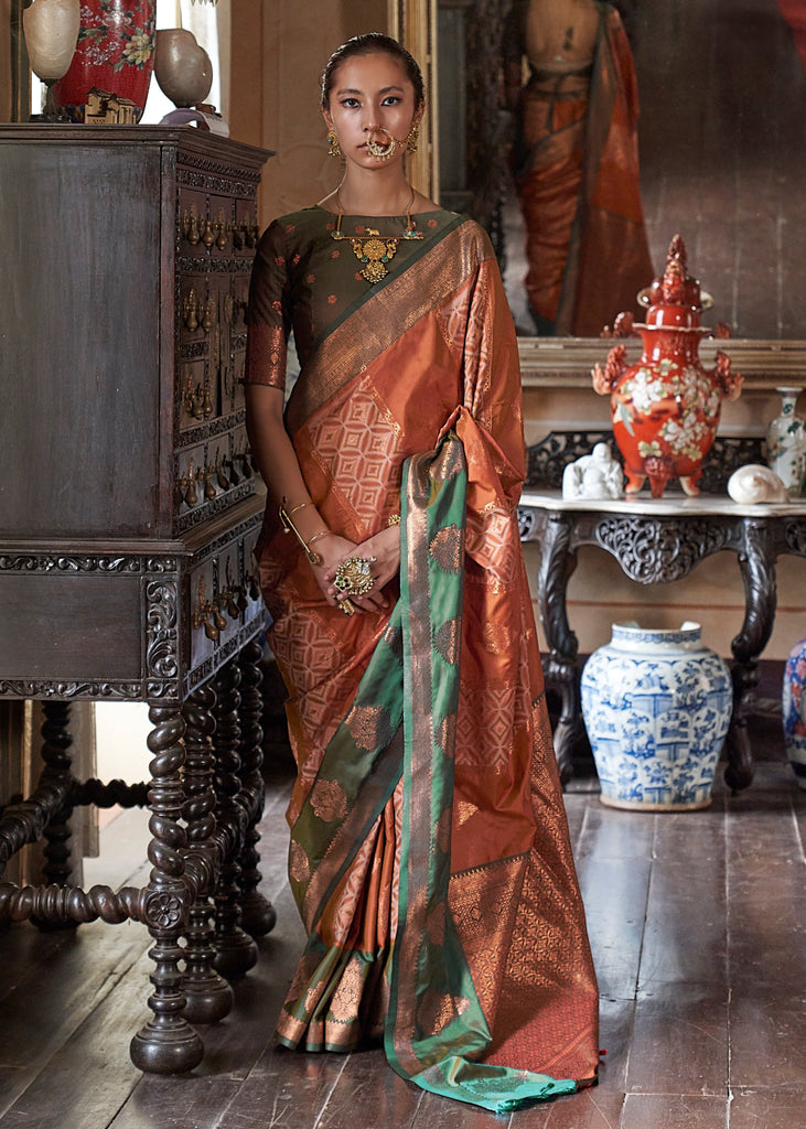 Rust & Green Dual Tone Bronze Zari Woven Banarasi Silk Saree