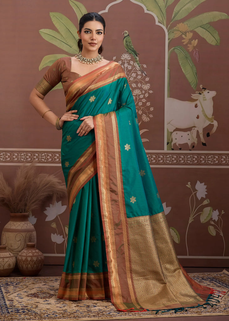 Teal Green Woven Banarasi Tussar Silk Saree