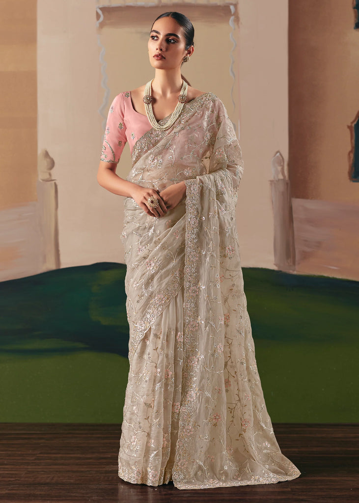 Sand Beige Embroidered Designer Silk Saree