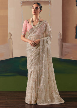 Sand Beige Embroidered Designer Silk Saree