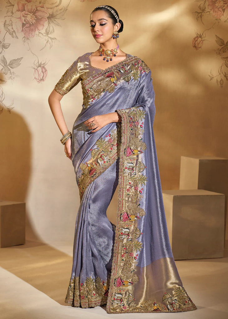 Lavender Designer Embroidered Silk Saree